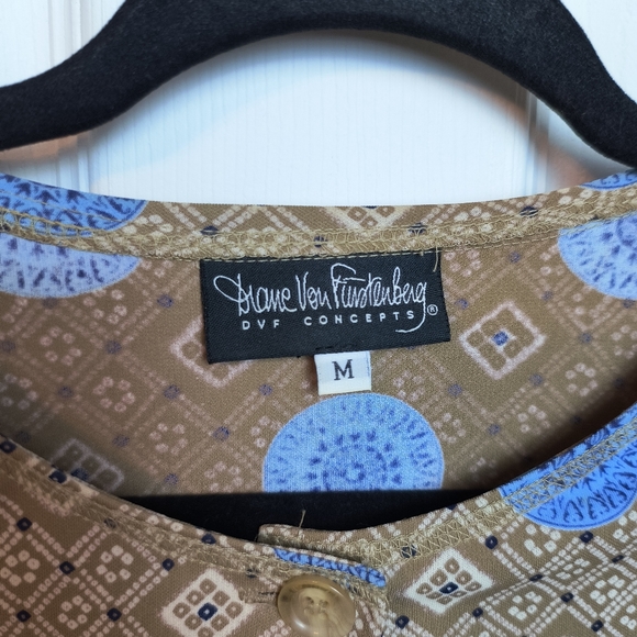 DIANE VON FURSTENBERG TAN BLUE 1 BUTTON JACKET TOP M Modest boho - Picture 5 of 7